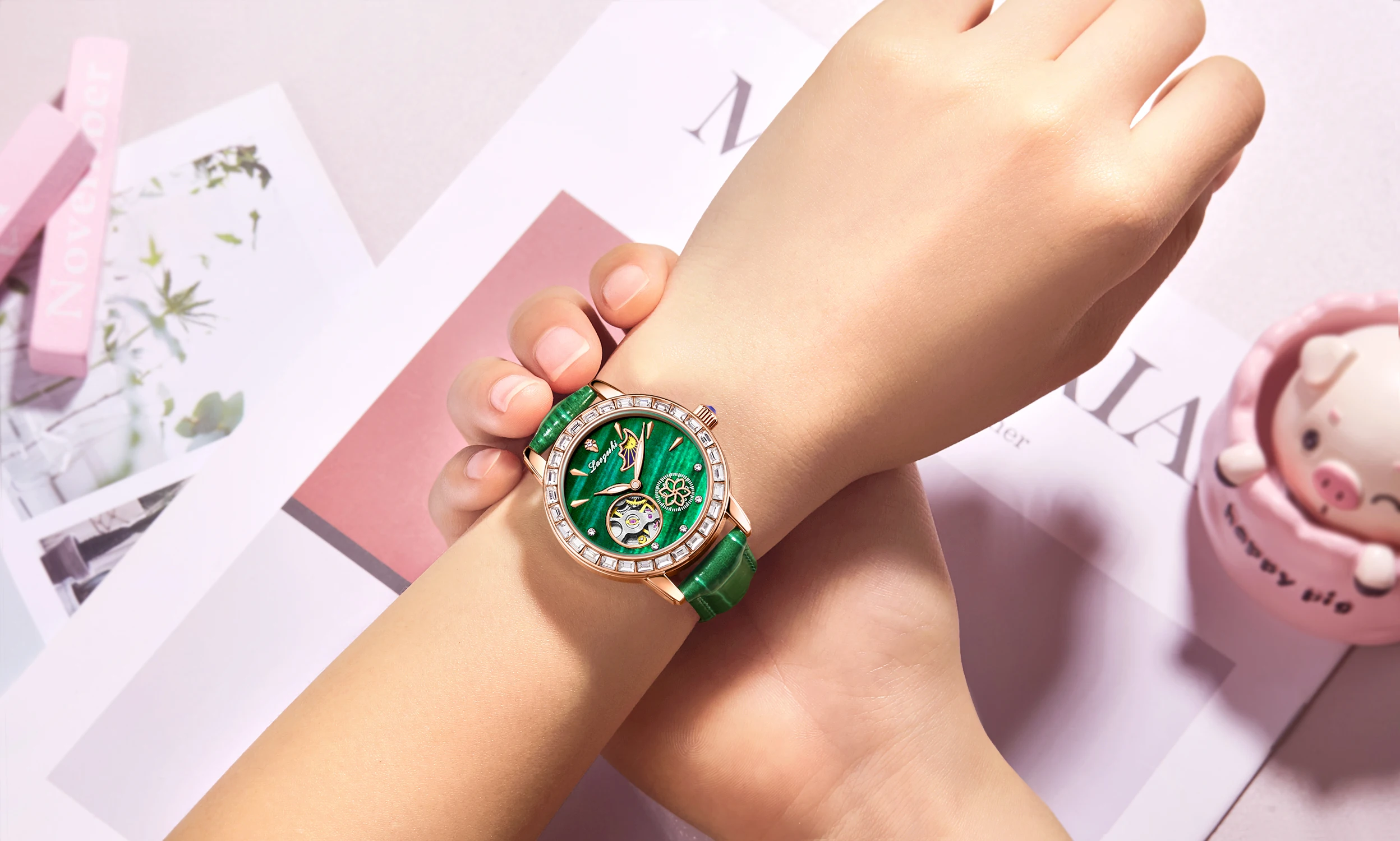 New Brand LAOGESHI 1009 Ladies Automatic Watches Buy Online Rose Gold Wristwatches Leather Strap Waterproof Women Watches Luxury