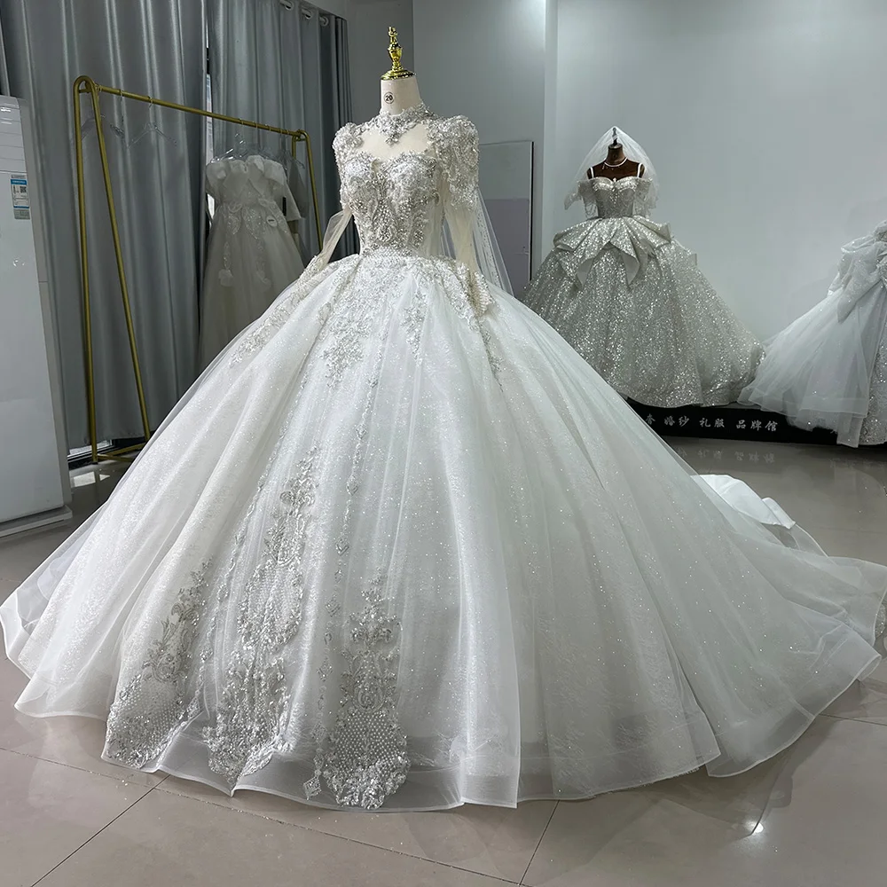 White Ball Gown Princess Wedding Dresses O Neck Long Sleeves Vestido De Novia Lace Sequined Xs060