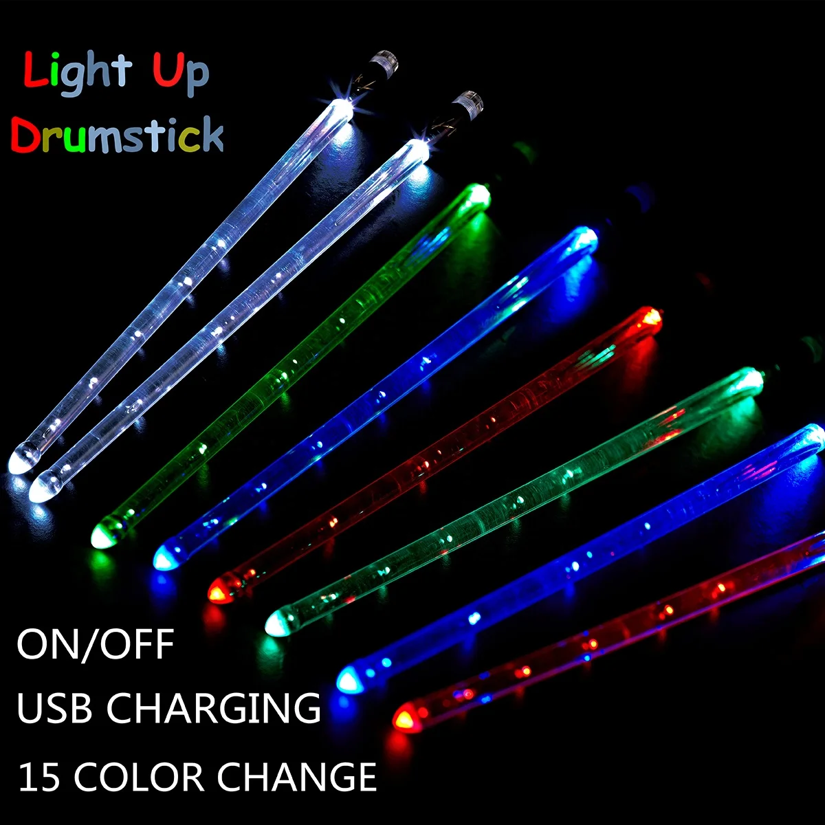 Multi 15 Colors Luminous Drum Stick 5A LED Light up with Switch USB Rechargeable Drumsticks