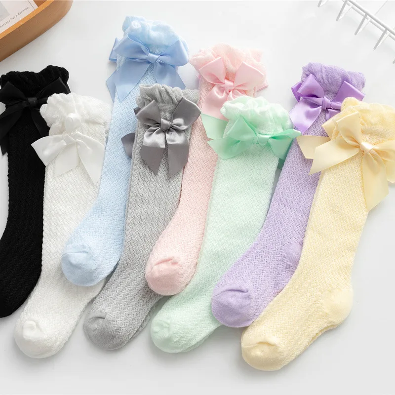 Newborn Girls Summer Princess Socks Colorful Bowknot Lace with Breathable Thin Net Plain Color Middle Tube Socks for Toddler