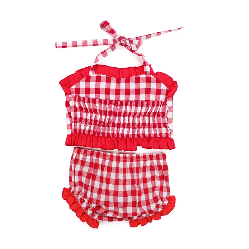 wholesales children girls baby clothes woven plaid 2pc swimsuit girls cotton swimwear