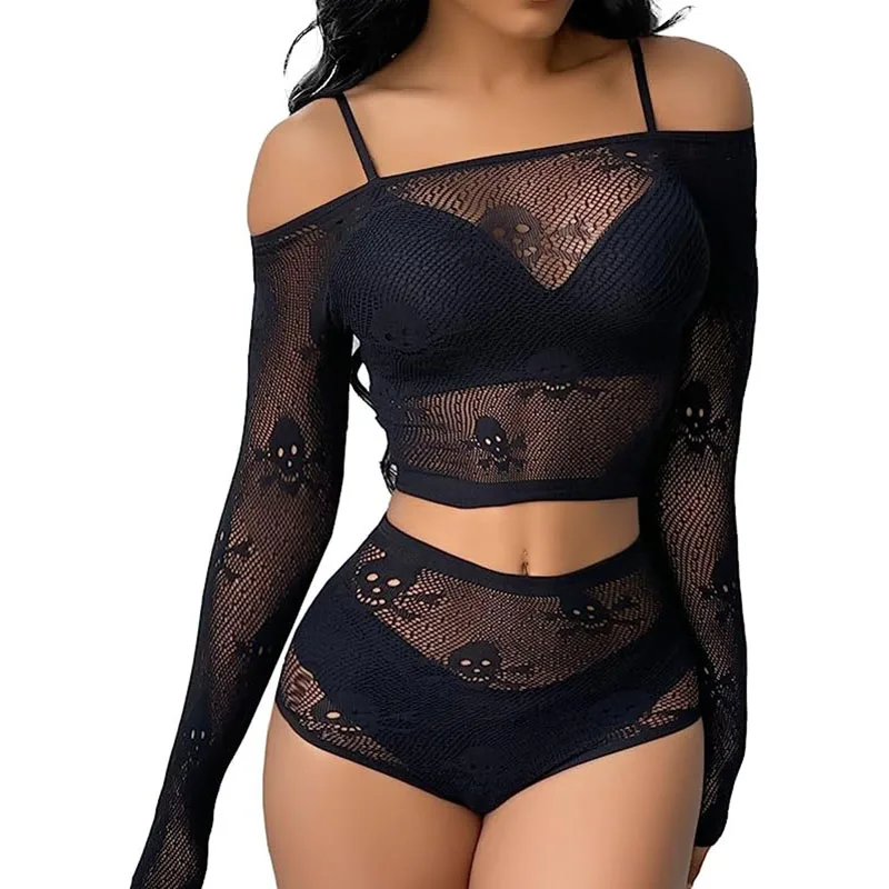Women crop top and panties woman mesh bodysuit black color fishnet off the shoulder lingerie sets