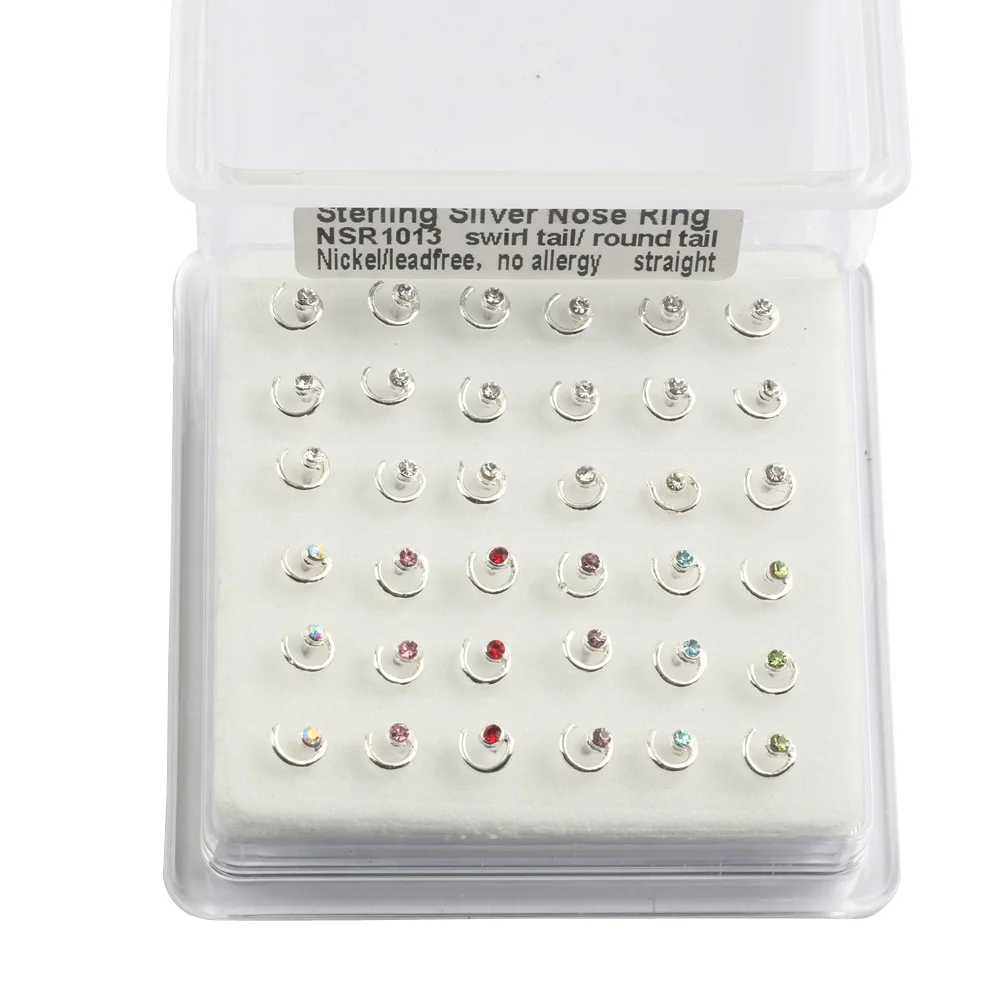 Hot sale 925 Sterling Silver Nose Studs Ring 1.5mm Nose Piercing Bone clear crystal Piercing Body jewelry 36pcs