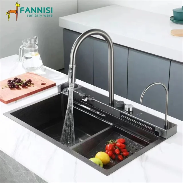Новая раковина из нержавеющей стали кнопка для пианино двойная водопад кухонный смеситель раковины