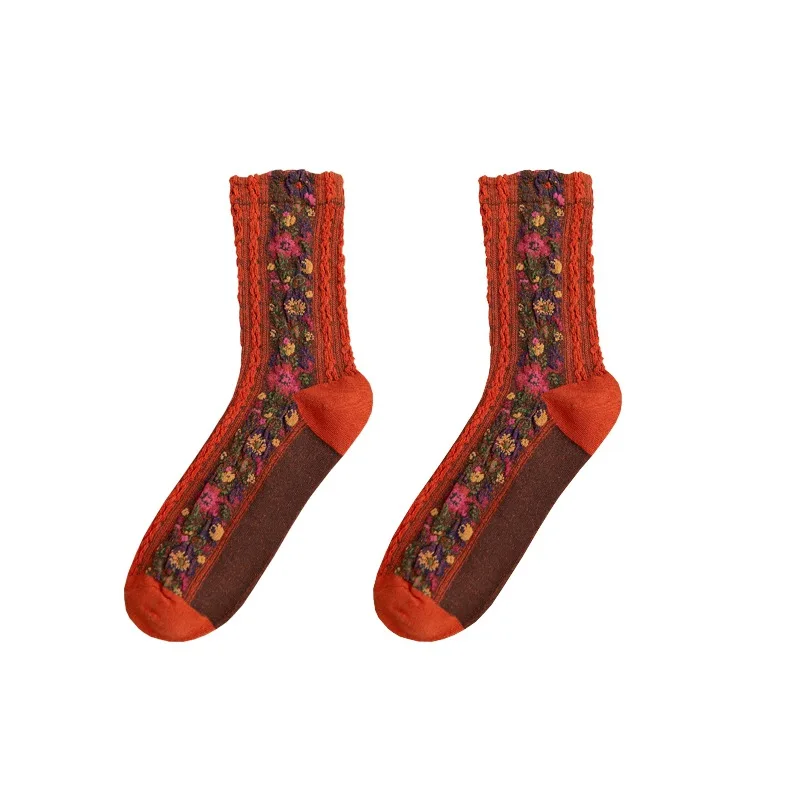 wholesale high quality harajuku cotton ladies Elegant flower autumn winter fancy socks Korean retro tube cozy socks for women
