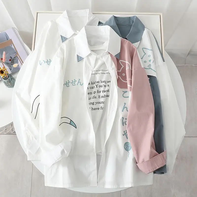 2022 New Spring Japanese Cute Cat Print Long Sleeve Shirt Women Clothing Design Tops Spring Loose Coat Shirts