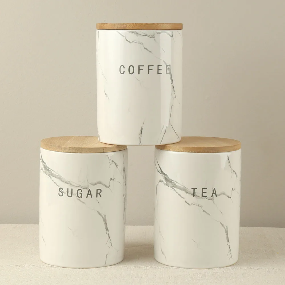 700ml gray marble decal custom design ceramic coffee tea sugar canister jar with bamboo lid and silicone ring set
