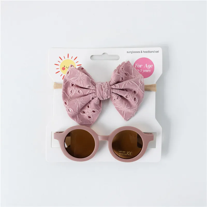 Newborn Baby Hair Accessories Hollow Bow Baby Headband and Sunglasses Set