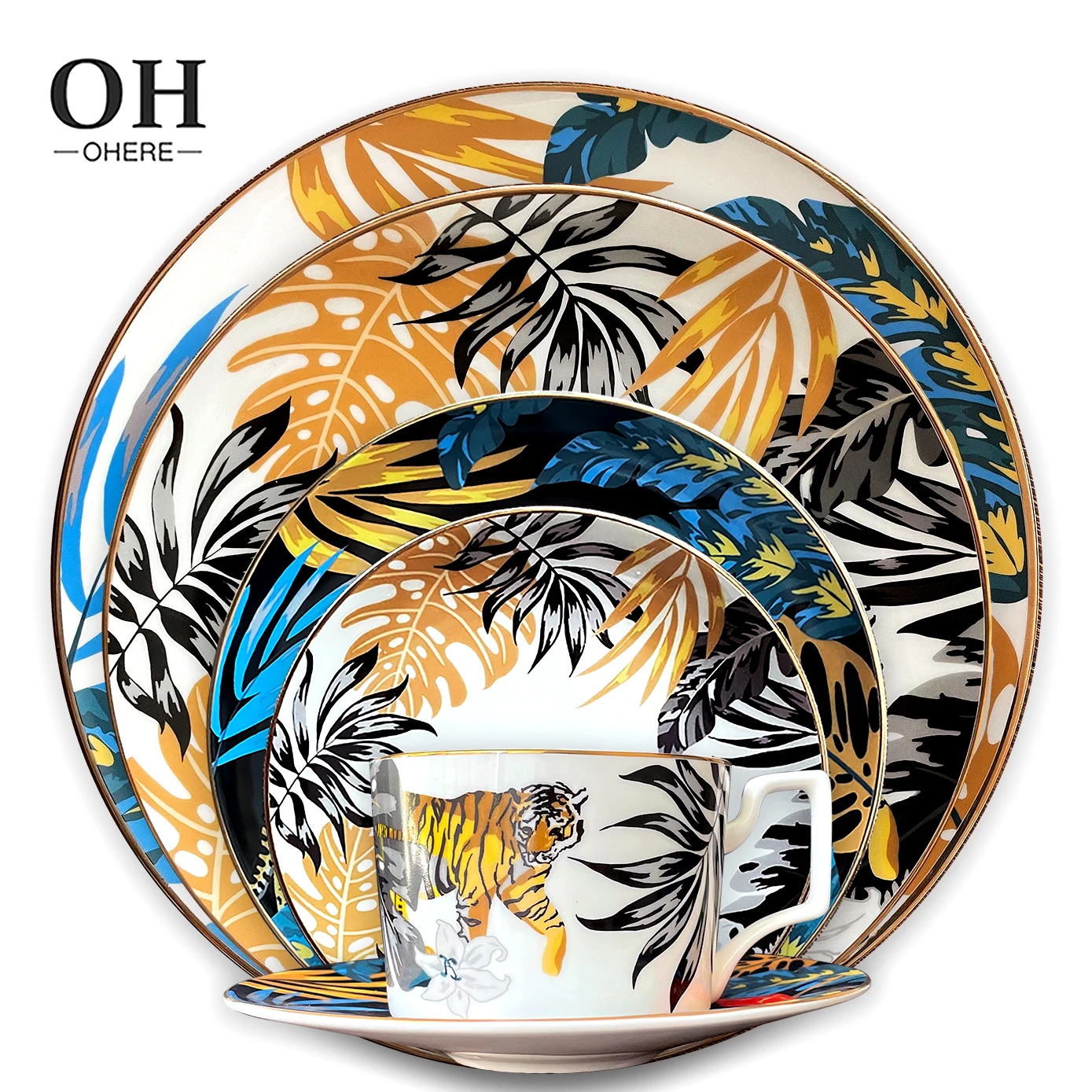 Animal decal ceramic plate dish colorful plant pattern dinnerware party-supply wholesale porcelain dinnerware dish