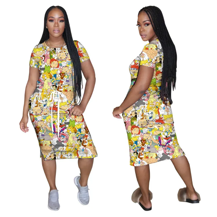 
2020 New Arrival Home Dress A-Line Cartoon Pajamas Printed Tie Dye Girls Party Dresses Women Maxi Dresses 