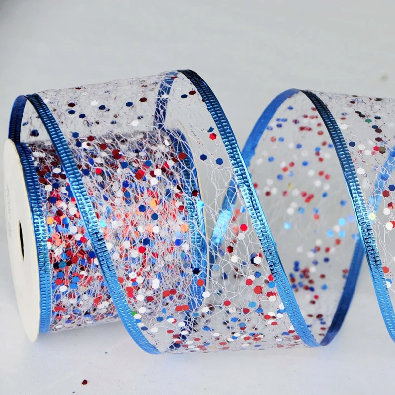 Custom Christmas Blue Glitter Mesh 100% Polyester Purple Wired Ribbon for Holiday Craft Decoration