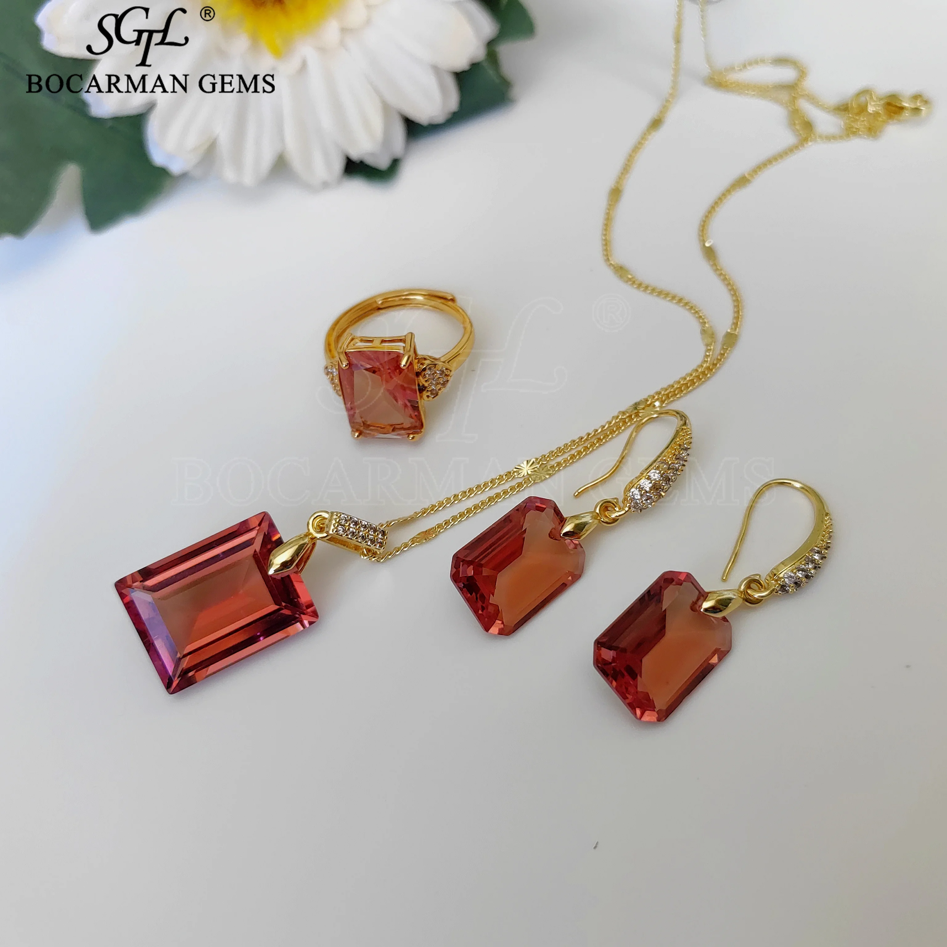 Bocarman new Turkish color changing sultanite earrings Ring Pendant three-piece set of jewelry bride, party accessories