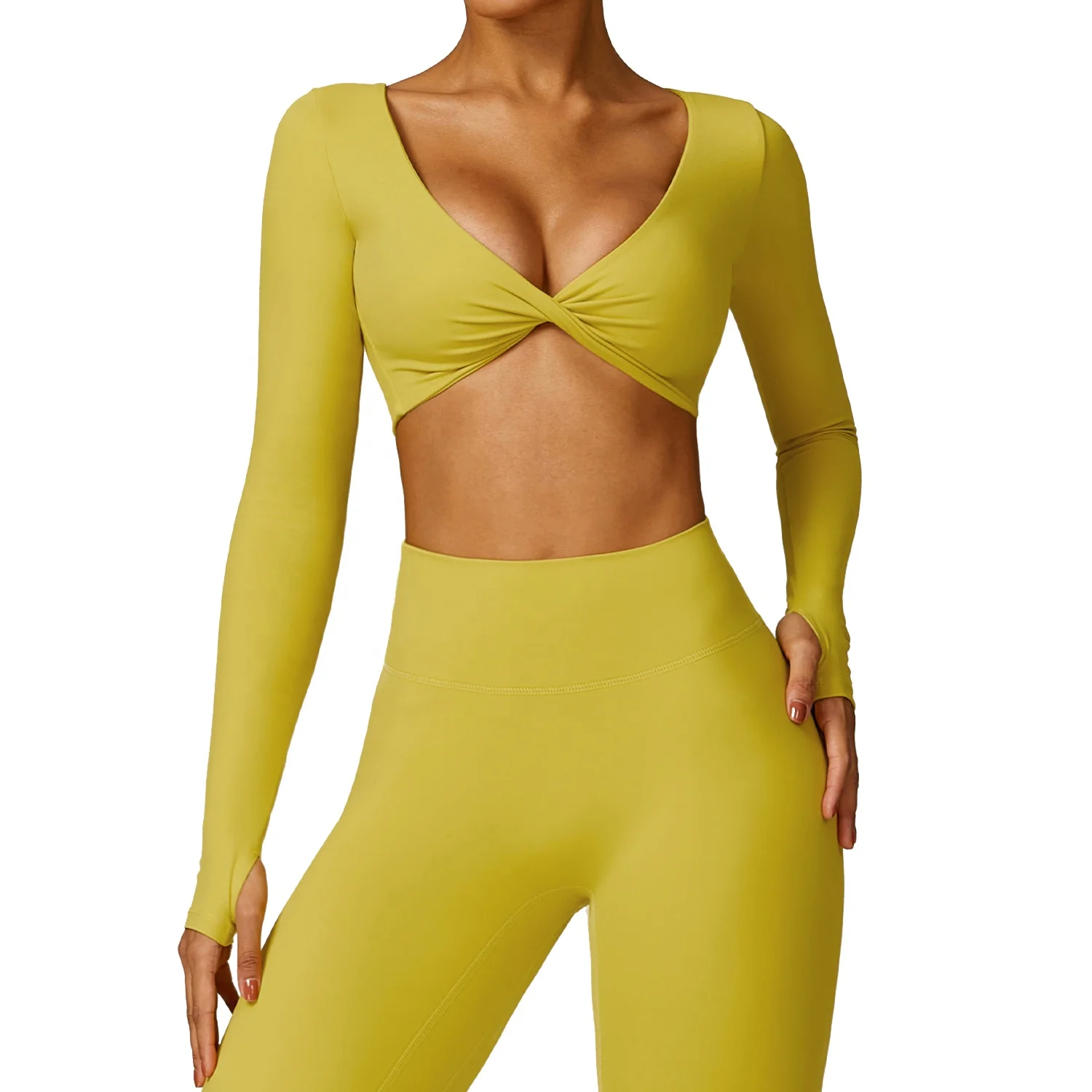 Women Long Sleeve Compression Stretchy Lightweight Crop Twist Yoga Tops