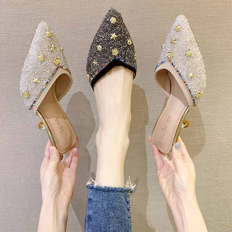 Fashion Summer And Autumn Women Pumps Low Heel Flat Pointed Toe Pearl Rhinestone Solid Color Half Slippers Mules