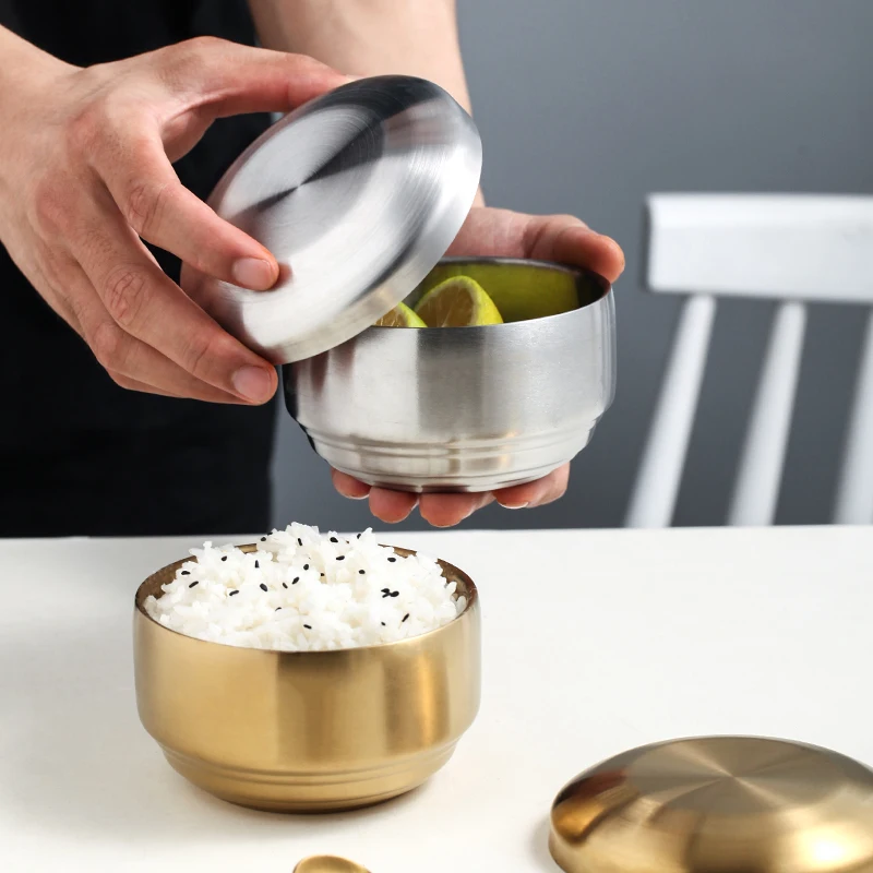 Fruit Mixing Metal Serving Soup Silver Stainless Steel Korean Gold Rice Bowl with lid cover