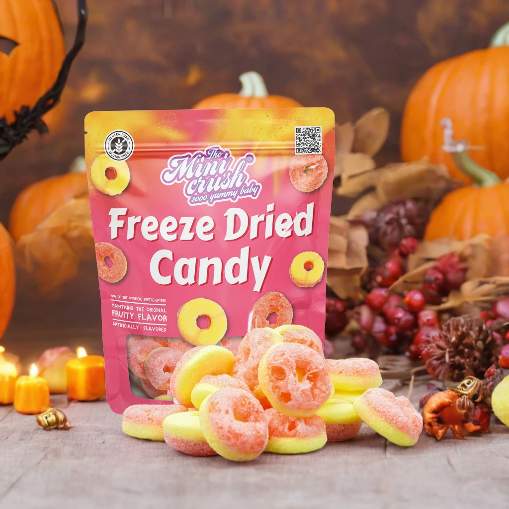 Crispy Fruity Flavored Freeze-Dried Peach Ring Candies in Bag New Halloween Snack treats