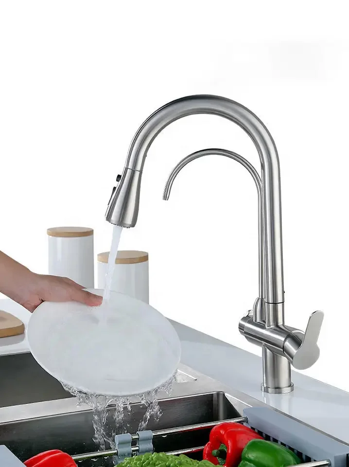 2024 Nickel Brushed Kitchen Sink Faucet with Pull Down Sprayer 2 Handle 3 in 1 Water Filter Purifier Kitchen Faucet