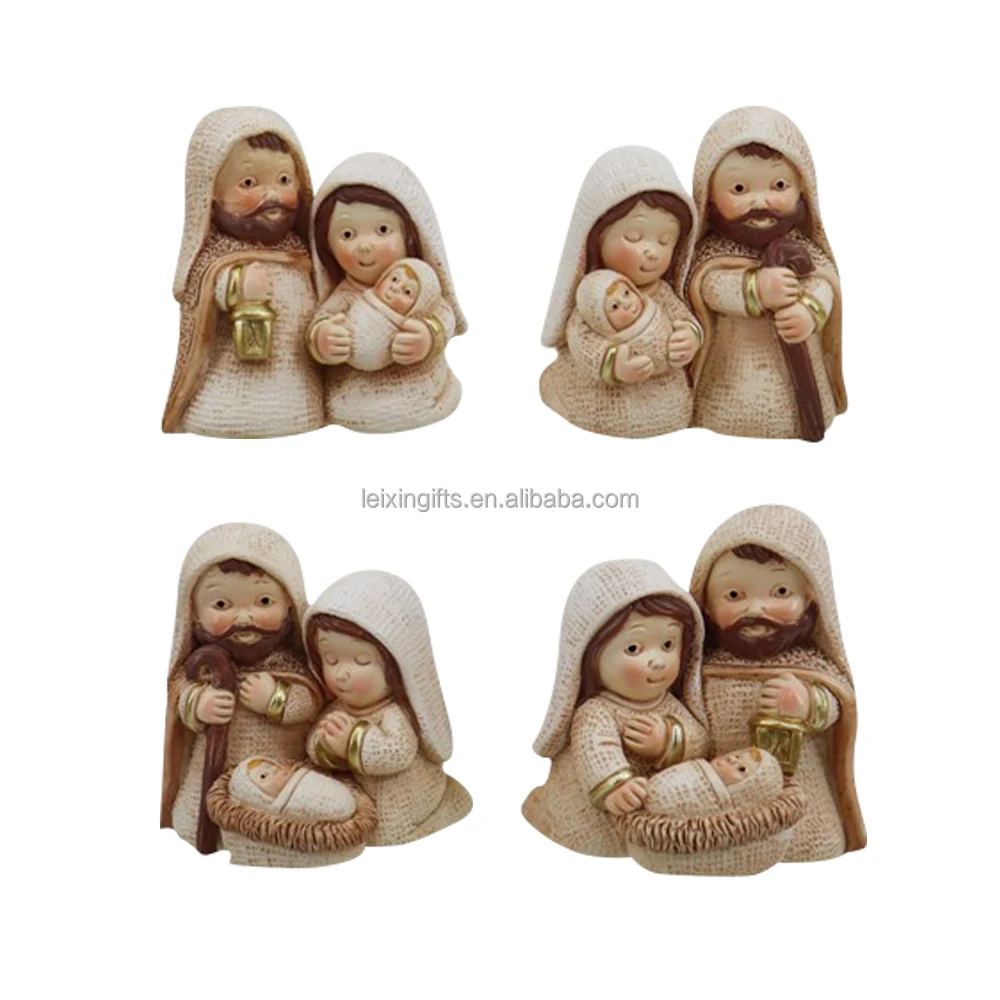 Holy Family Painted Resin Miniature Nativity in Stable Figurine Christmas Nativity Figurine Set with Lambs and cow Figurines