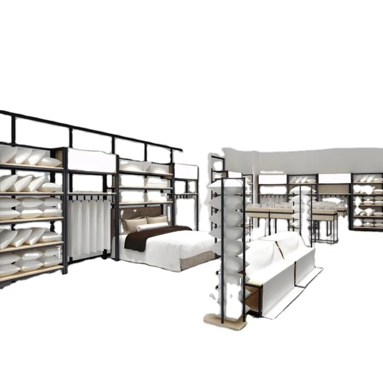 Custom retail metal bedding store display racks wooden home textile store display cabinet