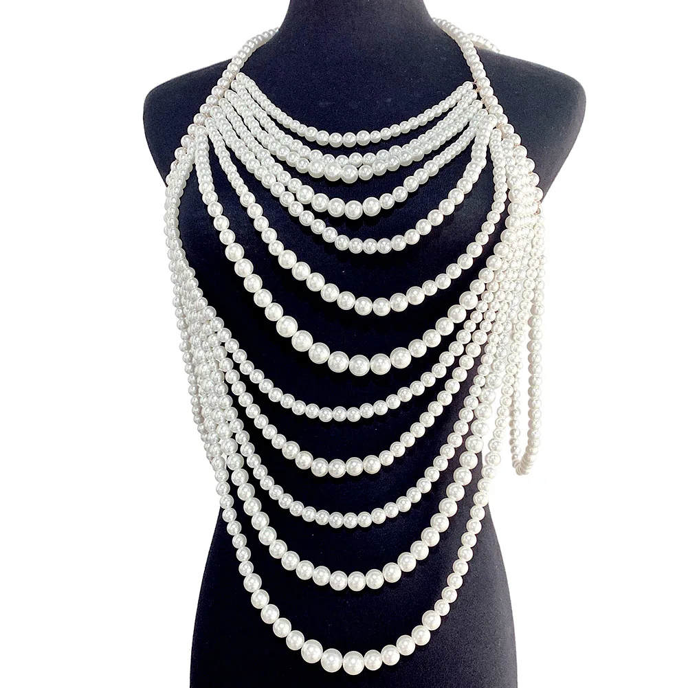 Wholesale Wedding Dress Accessories Pearl Necklace Long Multilayer Beaded Sweater Chain Exaggerated Big Body Chain