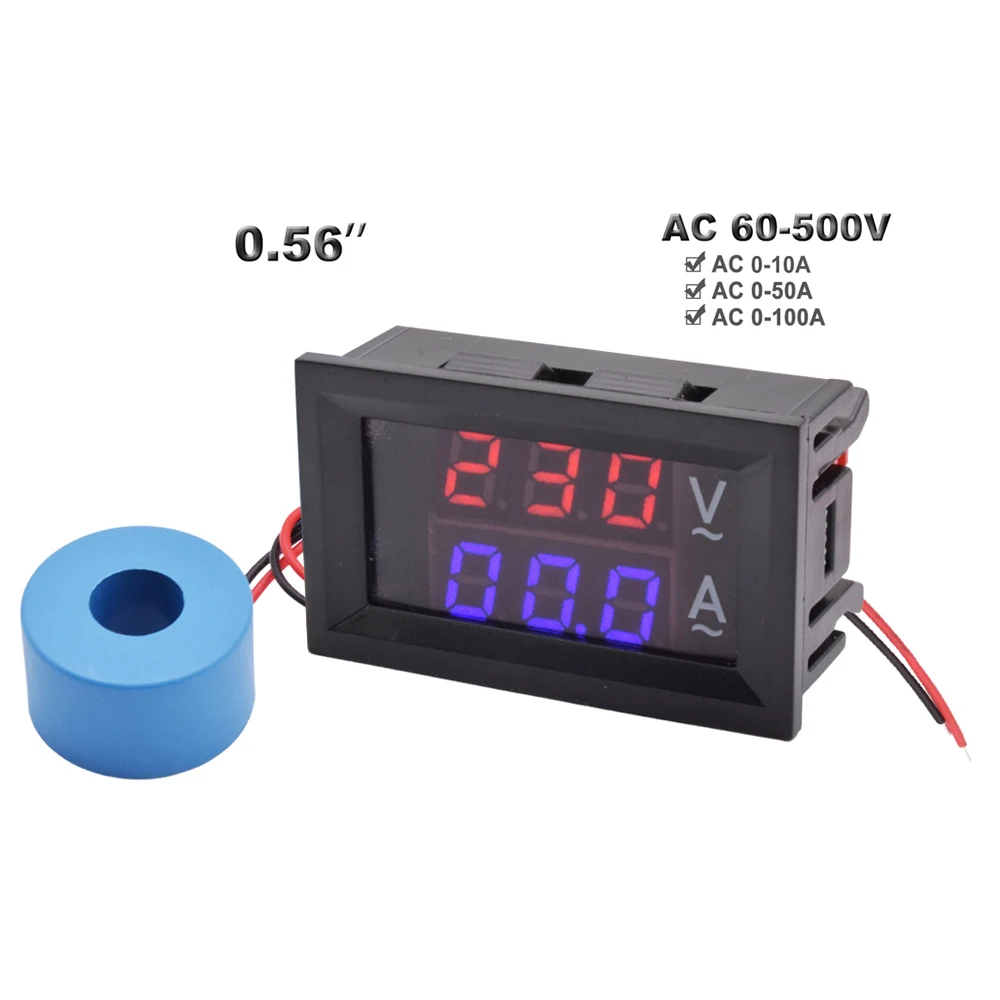 0.56 Small Digital AC 60-500V Volt Voltage Current Ampare Meter Dual Display Panel Mount Voltmeter Ammeter Current Transformer
