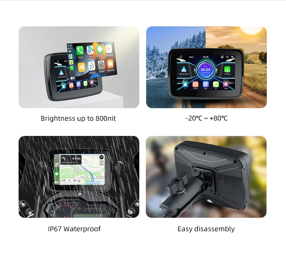 EKIY 5 inch Motorcycle Wireless CarPlay Android Auto Screen Motorcycle Navigation Wireless Carplay Motorcycle IP67 Waterproof