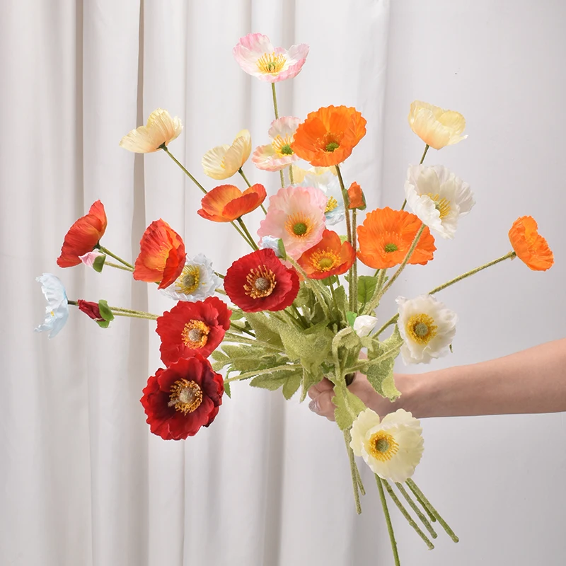 high-end simulation poppy flower wedding decoration table flower Home Colorful Flocked Stem Silk Artificial Corn Poppy Flower