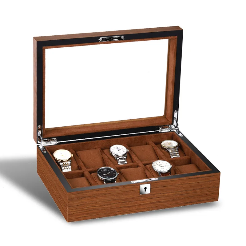 Luxurious 12 slots watch boxes & cases with stainless steel lock flexible suede pillow wood pattern finished glass top display
