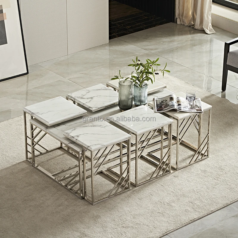 Classic design stainless steel table set indoor furniture marble top coffee table