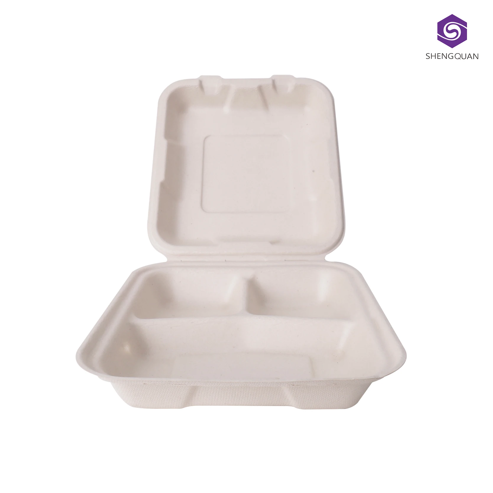 Sugarcane Bagasse Food Container 9 Inch Clamshell Food Box 3 comparts