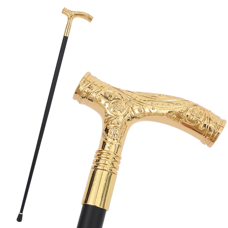 All gold patterned T-handle Luxury Scepter Decorative Walking Cane Elegant Fashion Cosplay Alloy Crosier Vintage Walking Stick
