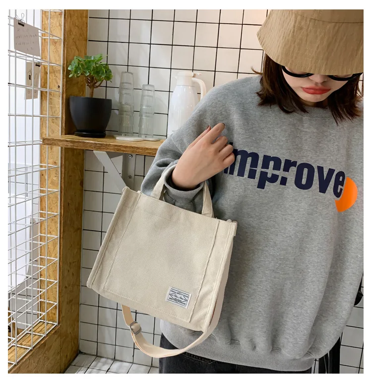 Custom Logo Women Corduroy Zipper Shoulder Bag Cotton Canvas Handbag Casual Tote Female Eco Crossbody Bag Vintage Messenger Bags