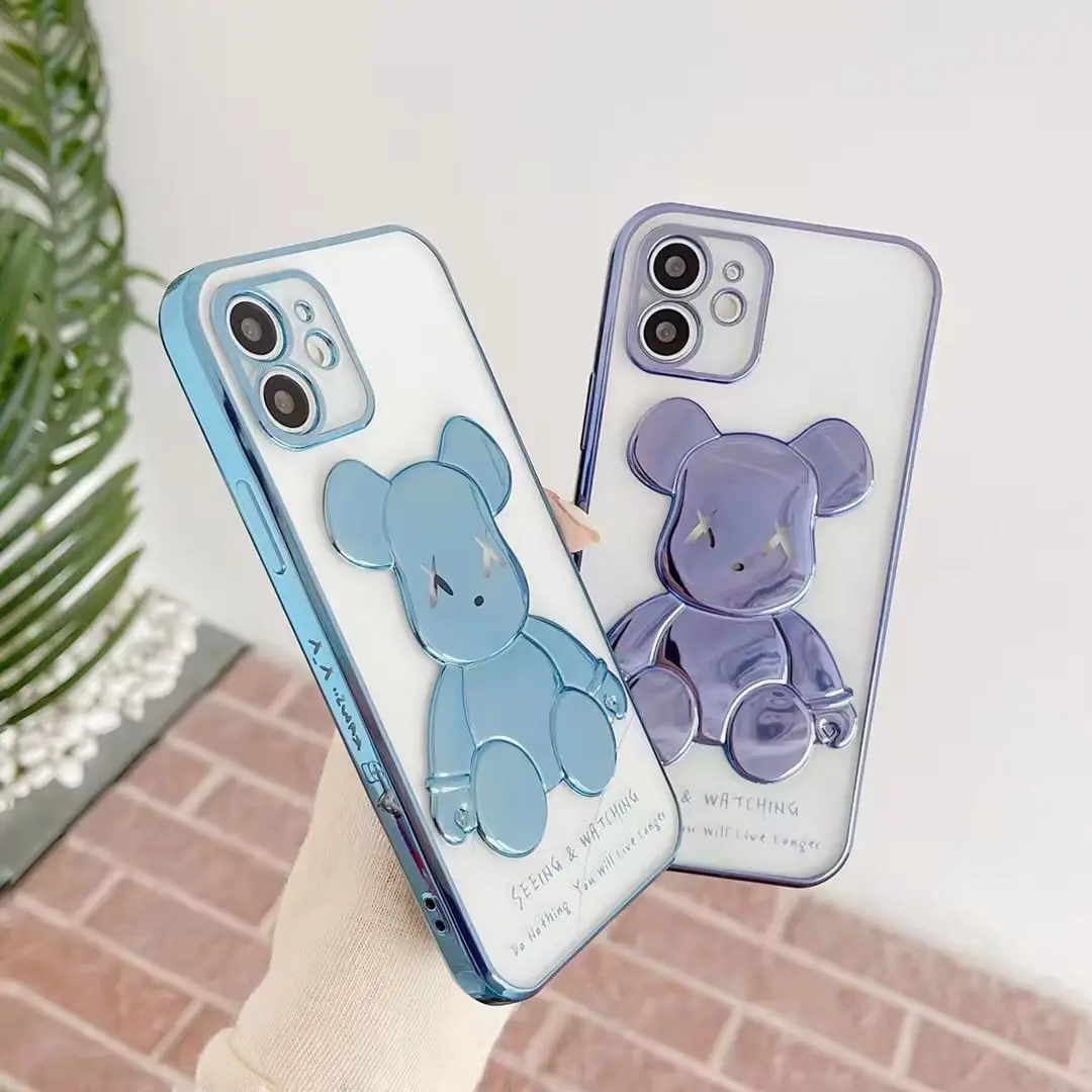 Luxury Electroplate Bear Transparent 3D Bear Cell Phone case For iphone 13 12 11 XS XR MAX 7 8 Soft TPU Mobile phone Accessories