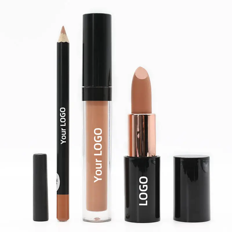 3 in 1 solid lipstick lip liner matte liquid lipstick set private label lip gloss waterproof custom logo lip stick set