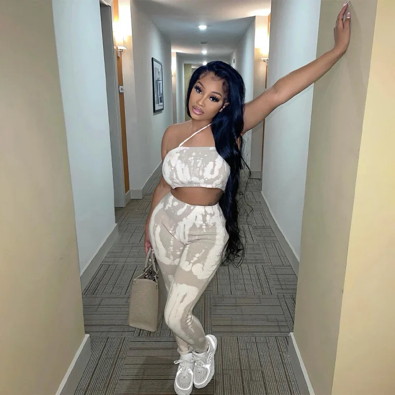 Spring 2022 women s clothing fashion ribbed tie dye printed 2pc pants set outfit two piece women spring style clothes