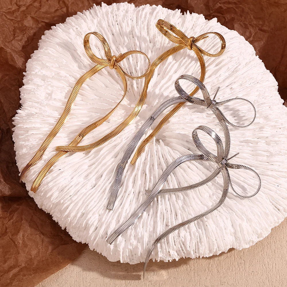 Dainty Gold Plated Snake Chain Bow Stud Earrings Stainless Steel Titanium Jewelry Gift For Girls