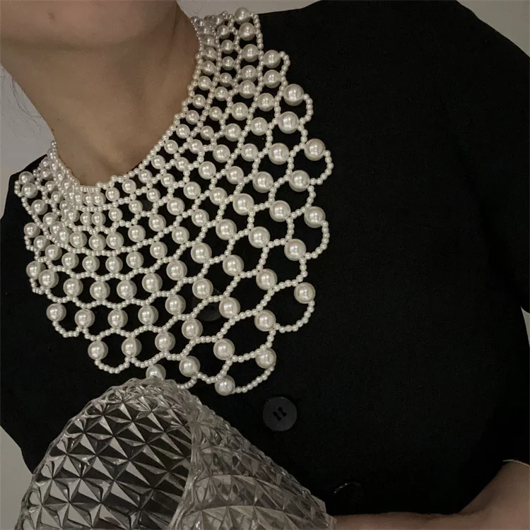 Women Hollow Out Woven Imitation Pearl Necktie Necklace Retro Weaving Beaded Vintage Jewelry Choker Big Flower Shirt Tie Collar