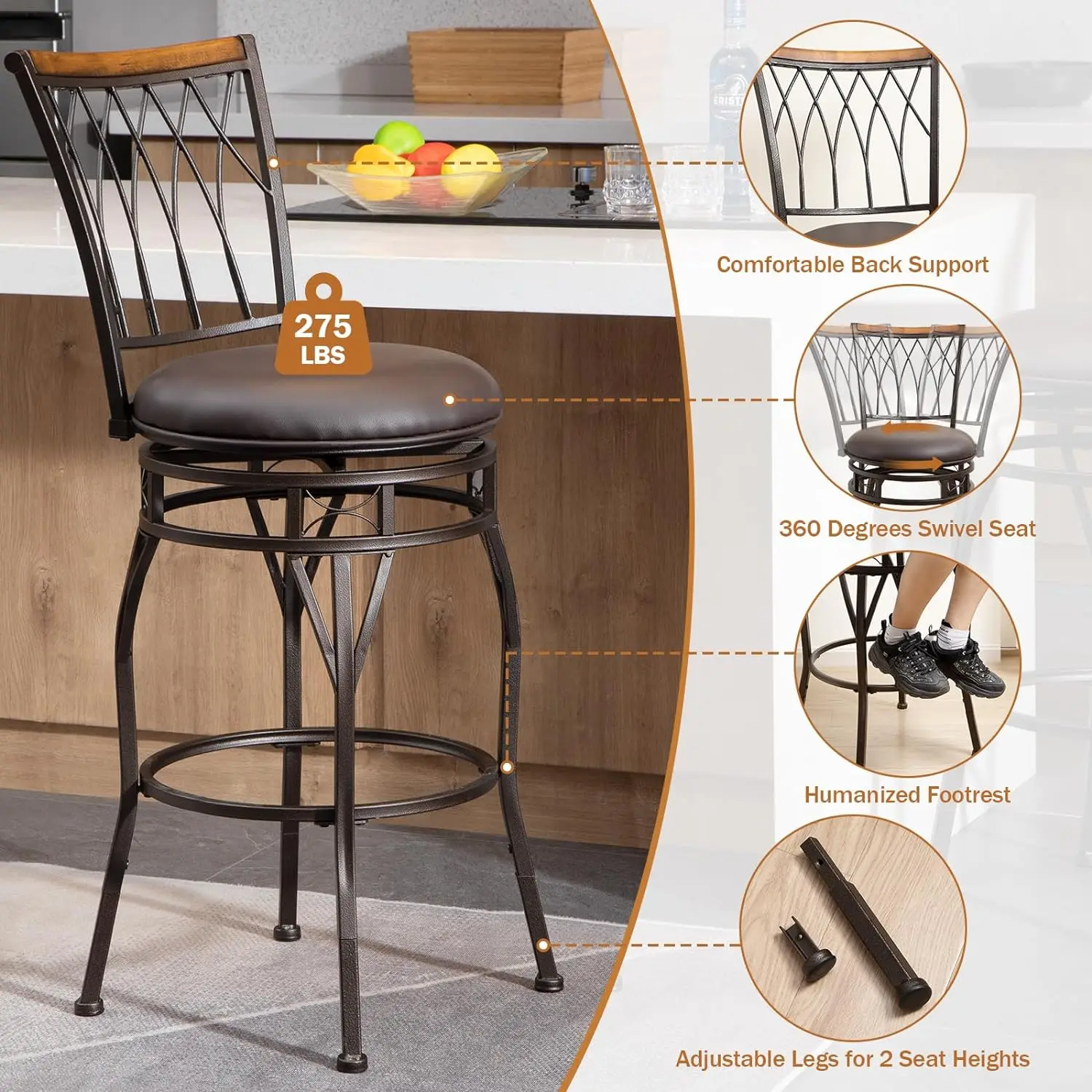 Metal Black PU Leather Adjustable swivel Bar Stool for Kitchen Island Home Pub