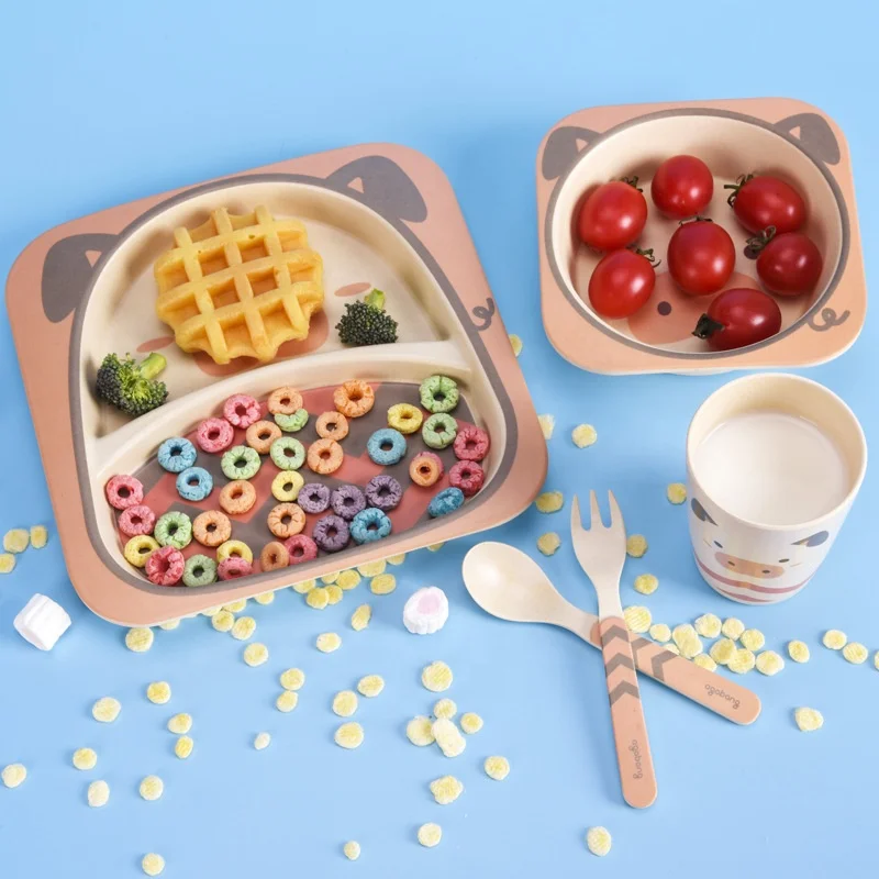 2022 New Bamboo Fiber Children Tableware Kids Plates and Bowls Biodegradable Baby Feeding Dishes 5pcs Cartoon Divided Plate Set