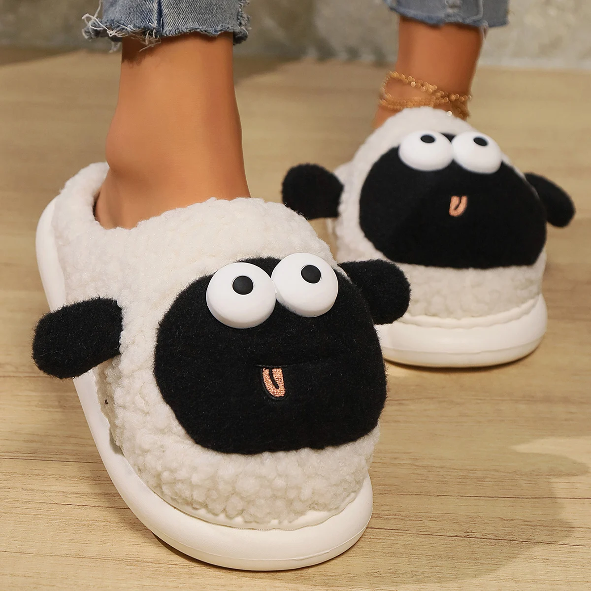Improved Version Women Shoes Sheep Thicken Sole Winter Indoor Home Slides Non-slip Kitty Cat Cute Girls Fluffy Slippers Warm