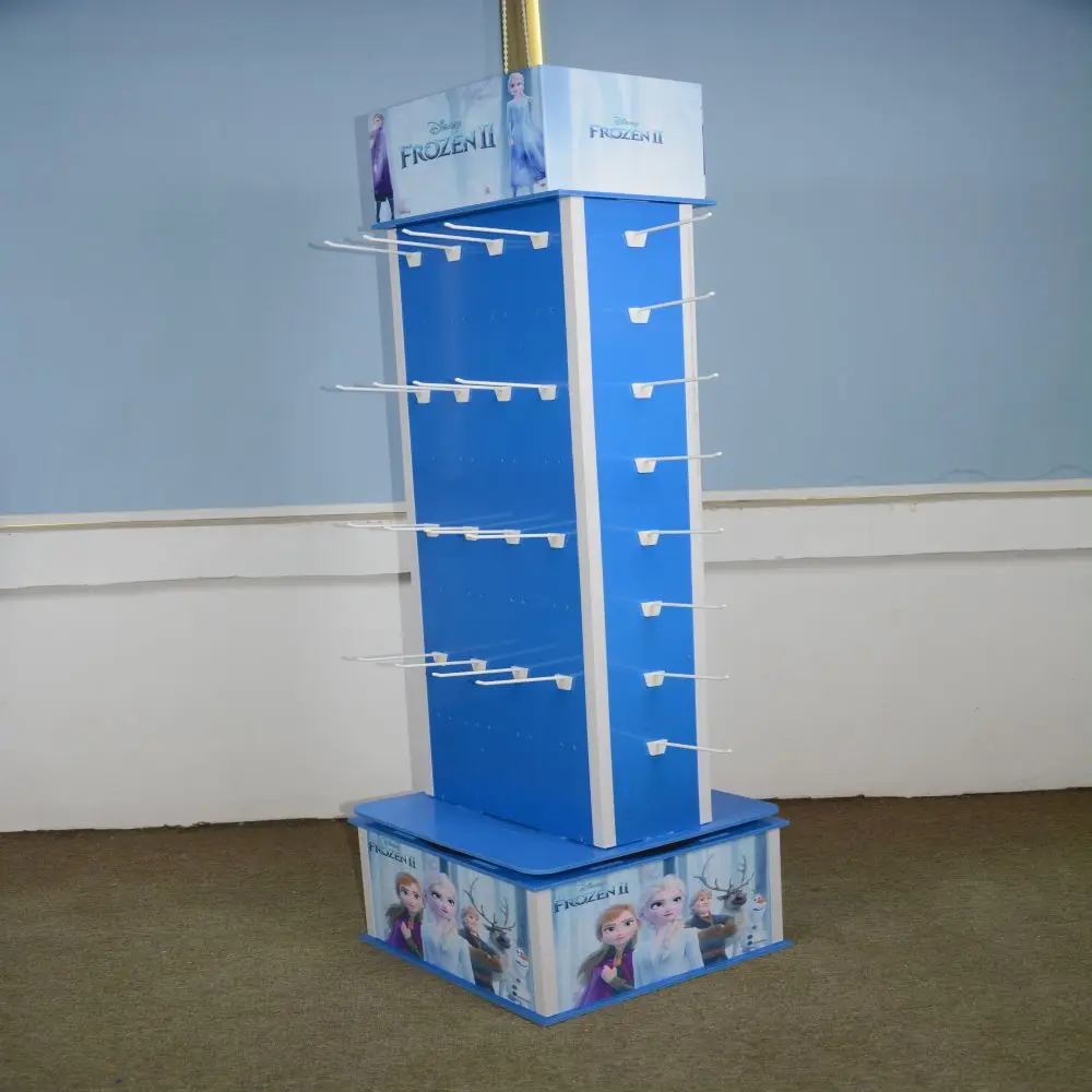 Professional Service Customized Cardboard Pegboard Rotating Display 4 Sides Floor Display Stand With Hook
