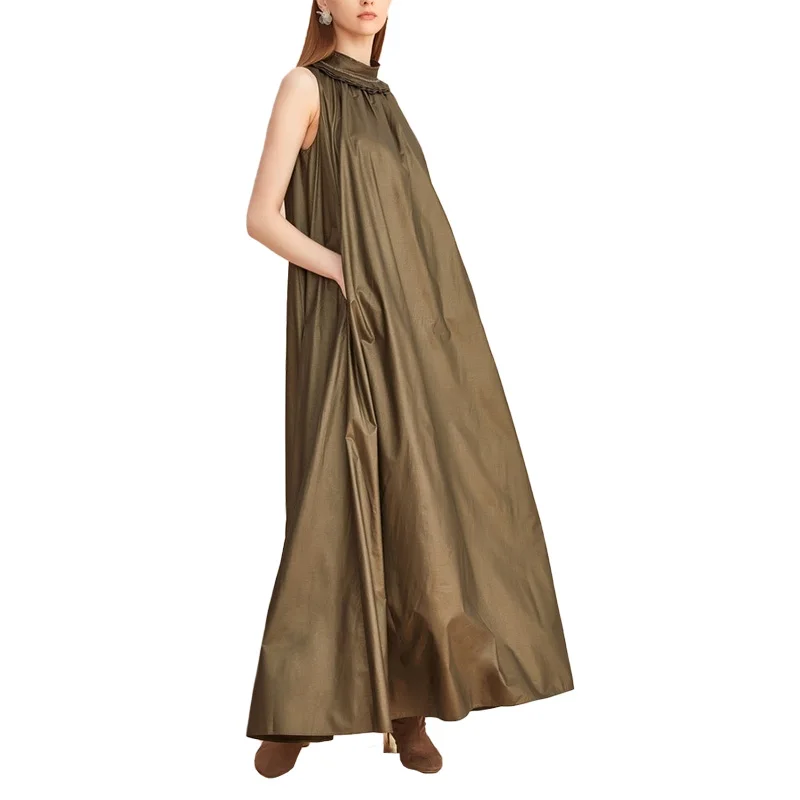 Custom casual dress loose stand collar sleeveless women dress light long skirt women