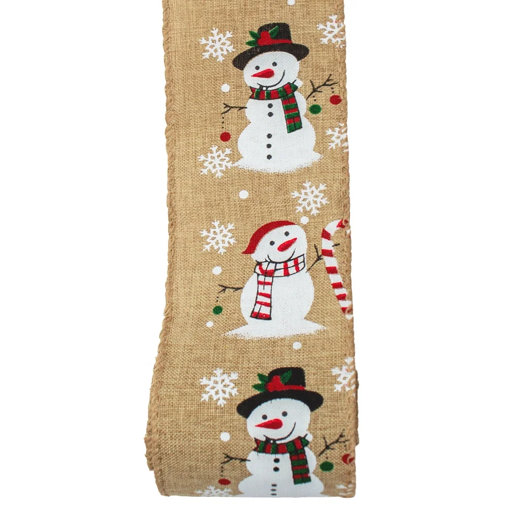 Gordon Ribbons Custom Burlap Ribbon Roll Natural Color For Crafts Wrapping Christmas Jute Ribbon Printed Snowman with Wired Edge