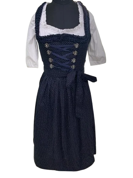 Elegant Navy Blue Dirndl Dress Polka Dot Dress with Lace-Up Classic Apron Design dress