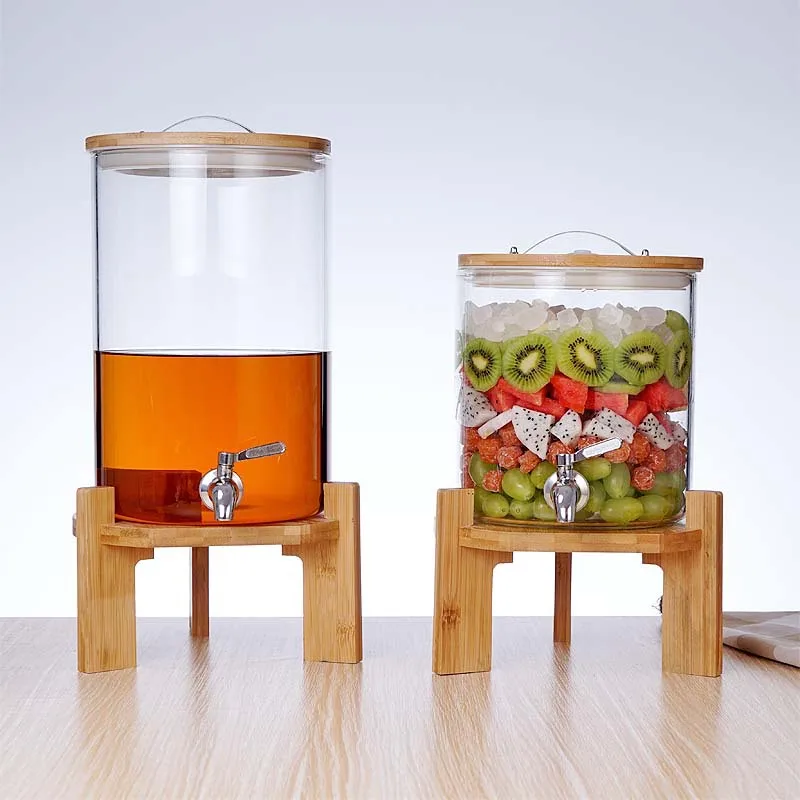 Customized 5/8/11L high borosilicate Glass Large capacity Beverage Dispenser with Wooden lid multifunctional glass jar