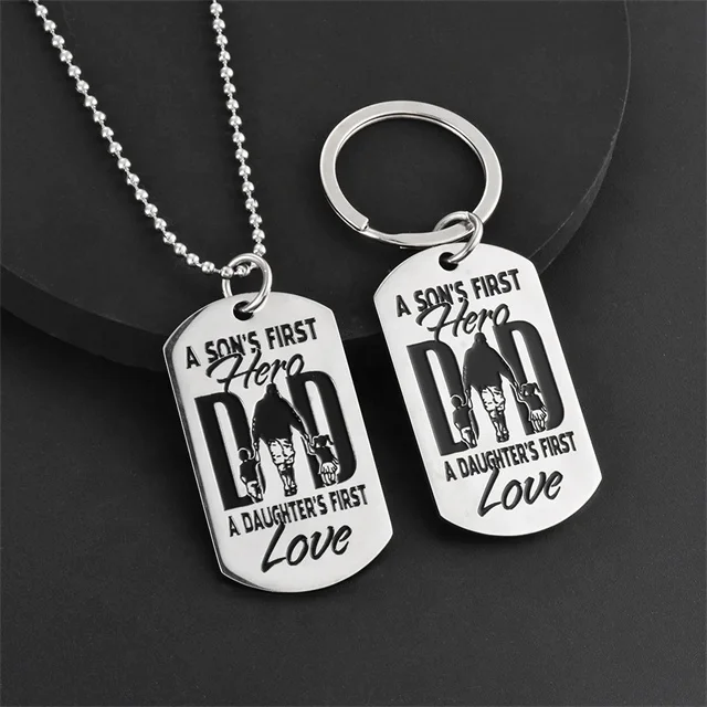 Yiwu Aceon Stainless Steel Men Father Dad with A Son or Daughter First Hero Etch Deep Engrave Key Chain Necklace Pendant Dog Tag