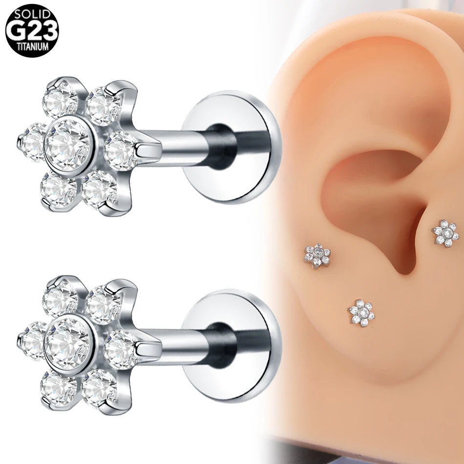 ASTM F136 Titanium 16G Internally Threaded Flower Zircon Labret Piercing Ear Stud Tragus Body Piercing Jewelry