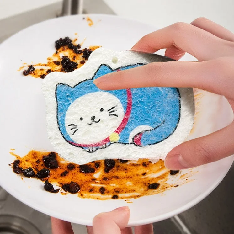 Compressed Wood Pulp Cotton Cartoon Sponge Dishwasher Water Absorbent and Oil Free Natural Wood Pulp Material Magic Wipe
