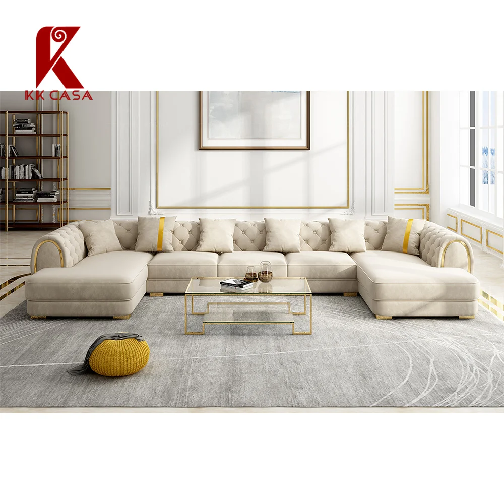 Luxury Italian Latest Villa High End Fabric Velvet XXL Sofa Modern U Shape Modular Sofa Living Room Couch