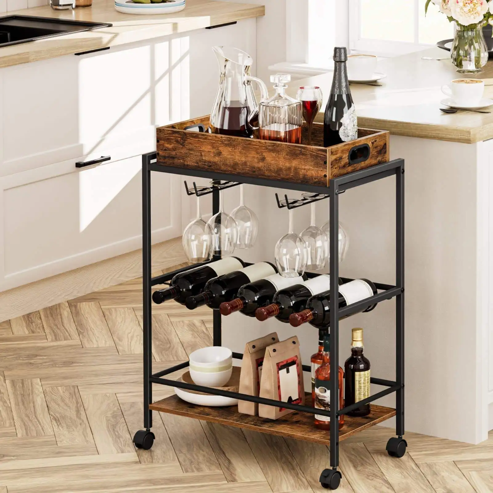 Modern China Kitchen Furniture Cabinets Manufacturer Portable Utility Bar Food Cart Island Wooden Trolley For Home